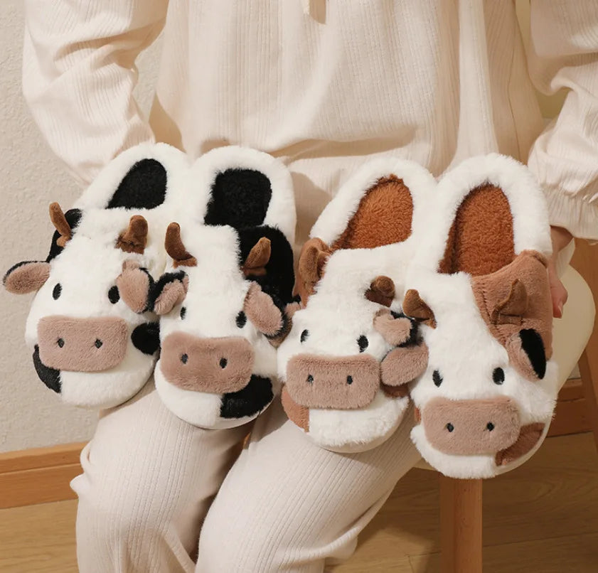 New winter neutral cartoon cow warm plush slippers for couples, indoor anti-slip home slippers for men and women, home cotton shoes