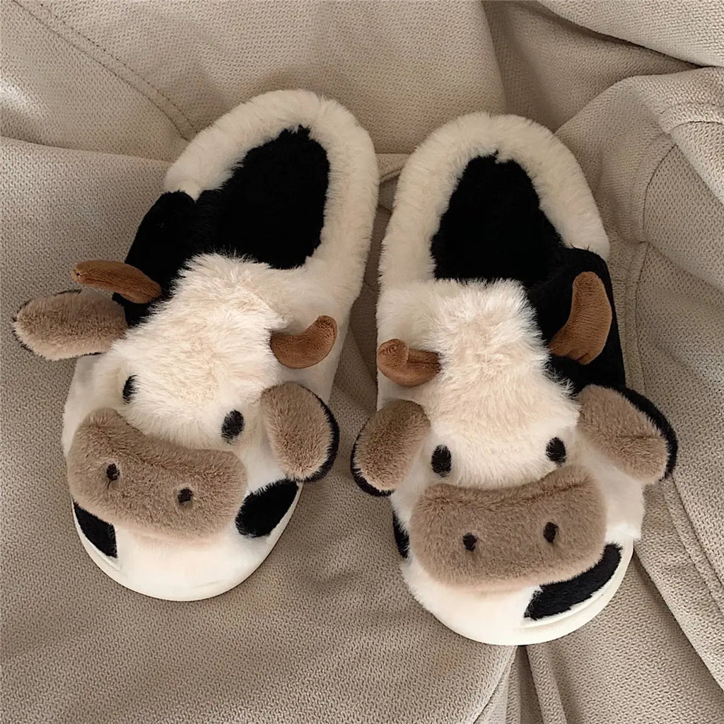 New winter neutral cartoon cow warm plush slippers for couples, indoor anti-slip home slippers for men and women, home cotton shoes