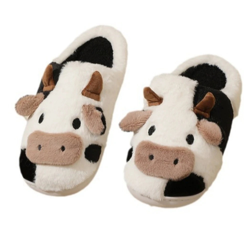 New winter neutral cartoon cow warm plush slippers for couples, indoor anti-slip home slippers for men and women, home cotton shoes
