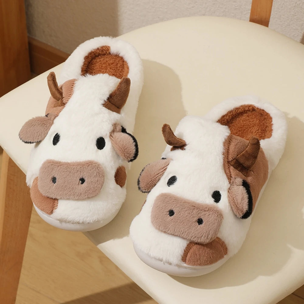 New winter neutral cartoon cow warm plush slippers for couples, indoor anti-slip home slippers for men and women, home cotton shoes